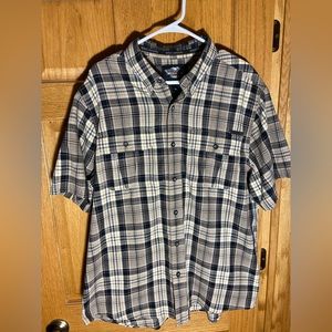 Harley Davidson Mens XL Short Sleeve Button Down Black White Gold Plaid Shirt.